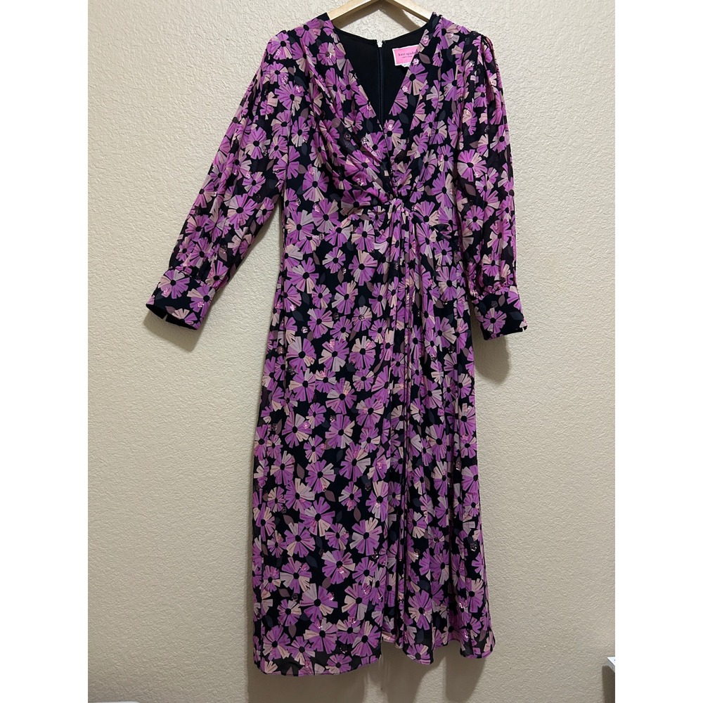 Kate Spade 10 Silk Floral Midi Dress Purple Pink Metallic V-Neck Long Sleeve